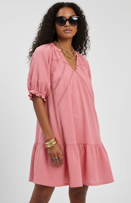 Cotton Gauze Puff Sleeve Mini Dress
 - Blush