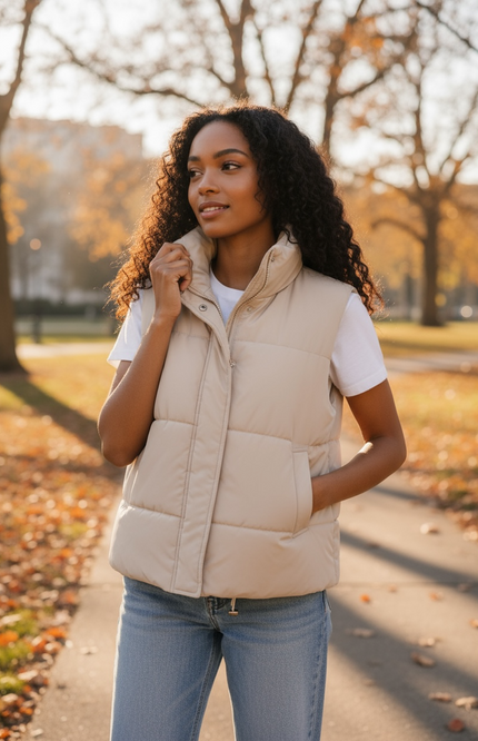 High Neck Zip-Up Vest Coat - Sand Beige