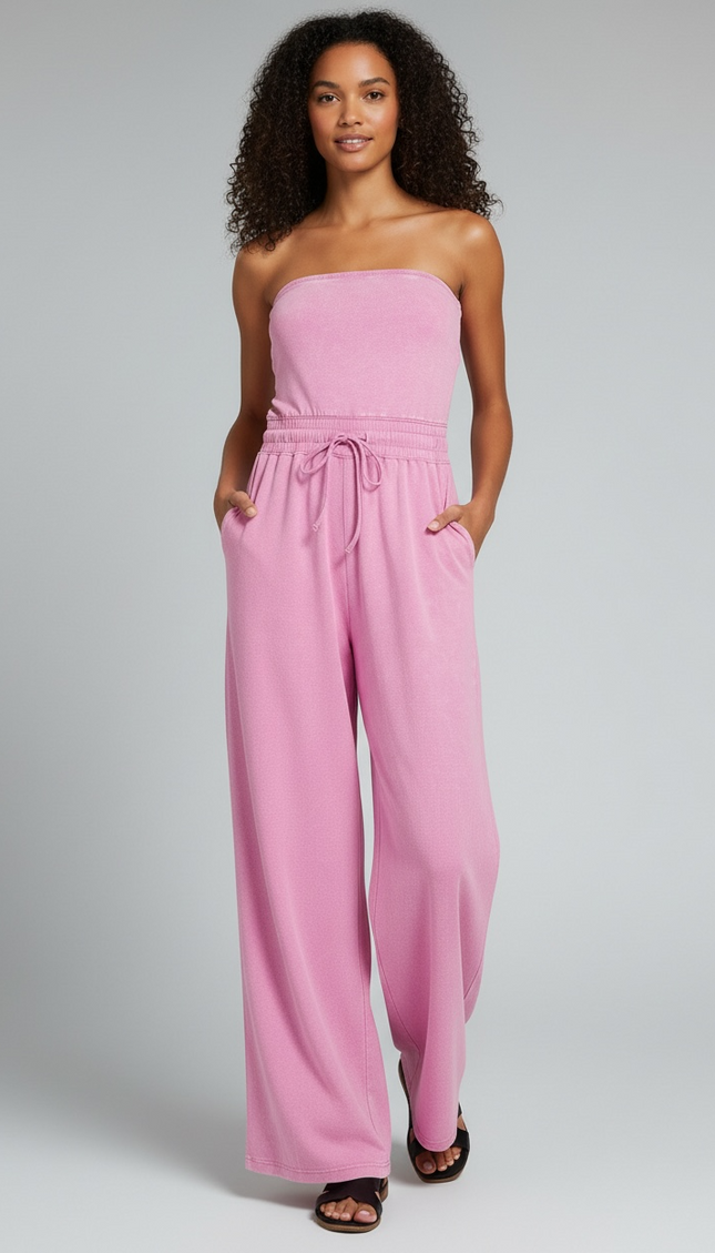 Unmatched Acid Wash Strapless Tube Jumpsuit - Mauve