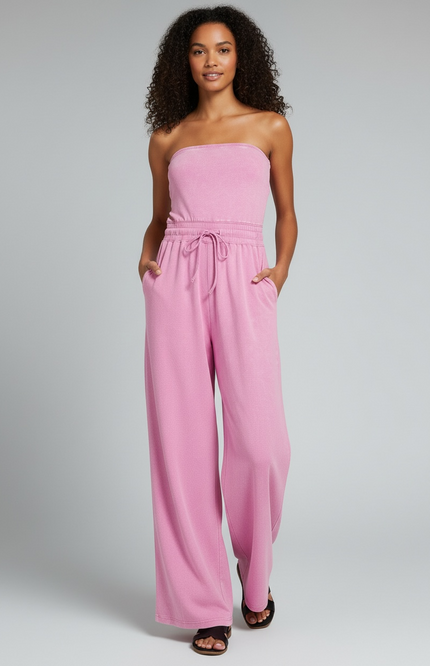 Unmatched Acid Wash Strapless Tube Jumpsuit - Mauve