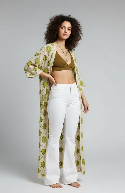Bohemian Bloom Crochet Cardigan (Natural/Olive)