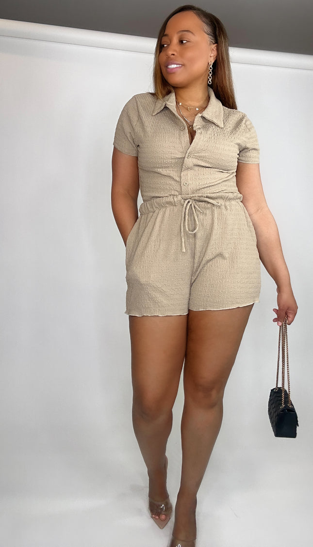 Textured Short Sleeve Top and Drawstring Shorts Knit Set