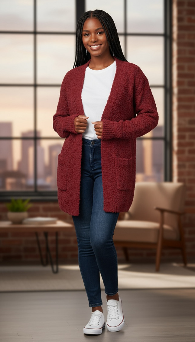 Cozy Long Sleeve Sweater Cardigan with Pockets (Cabernet)