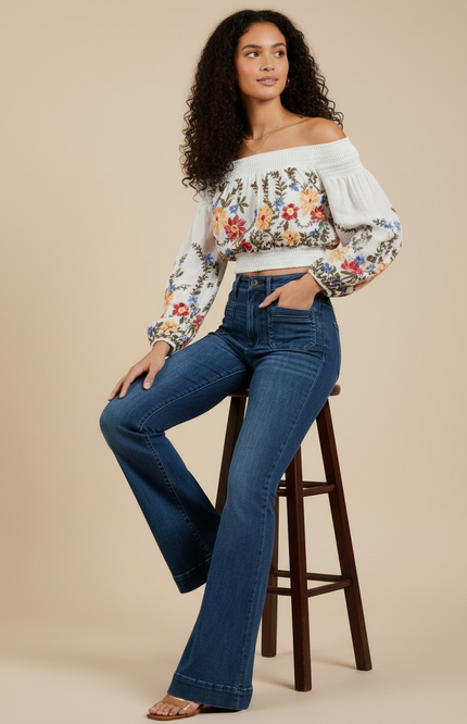 Floral Embroidered Off-the-Shoulder Crop Top