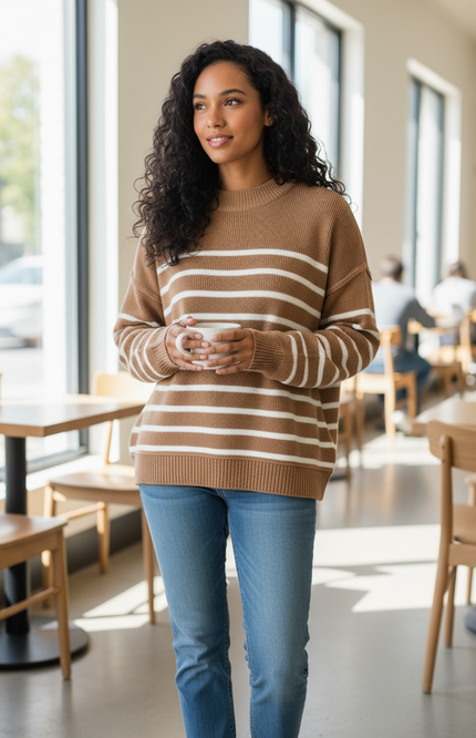 Cozy Days Striped Oversized Sweater - Deep Camel