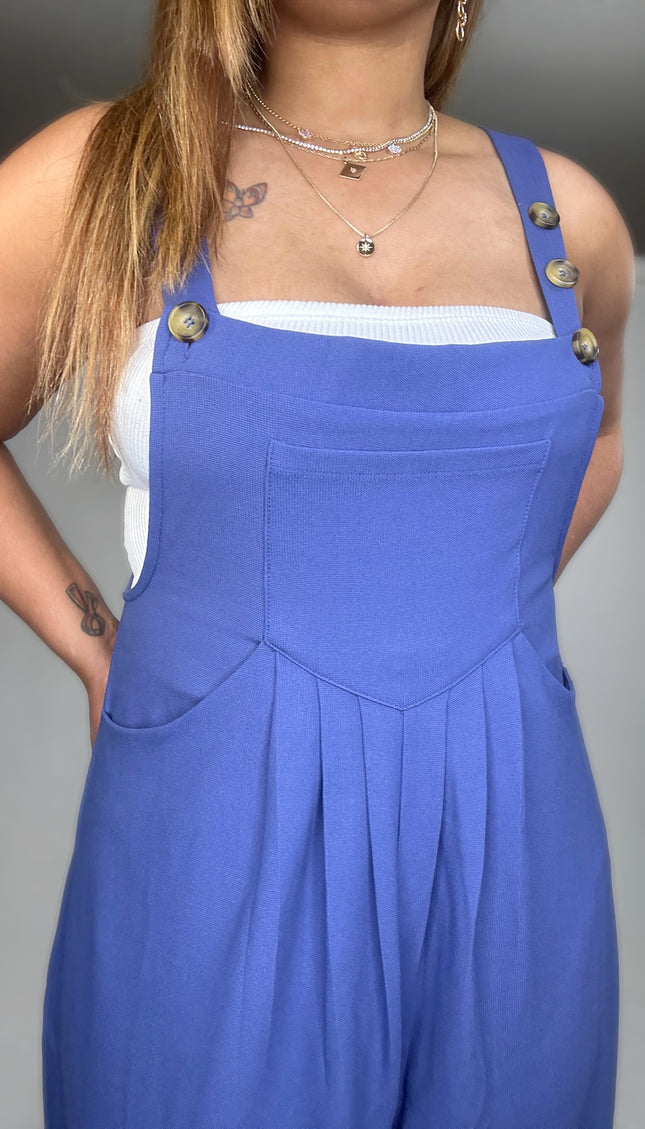 Wide Strap Overalls with Pleated Front Detail and Pockets - Indigo