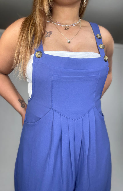 Wide Strap Overalls with Pleated Front Detail and Pockets - Indigo