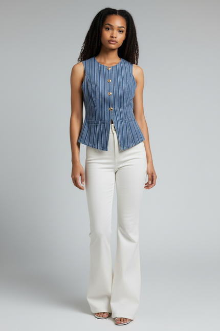 Modern Striped Denim Button-Up Vest