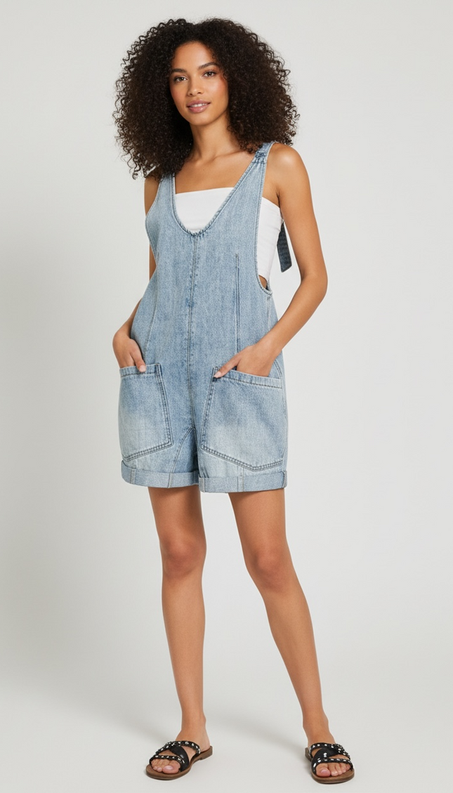 Chic Denim Short Overalls with Pockets