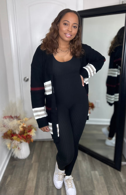 Unmatched Striped Rib-Knit Drop Shoulder Open Front Cardigan