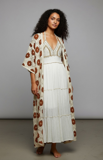 Bohemian Bloom Crochet Cardigan (Natural/Chocolate)