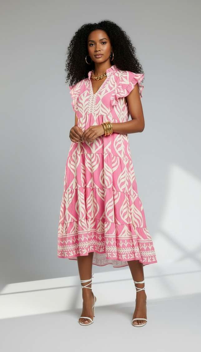 Leaf Print Ruffle Tiered Midi Dress - Peony