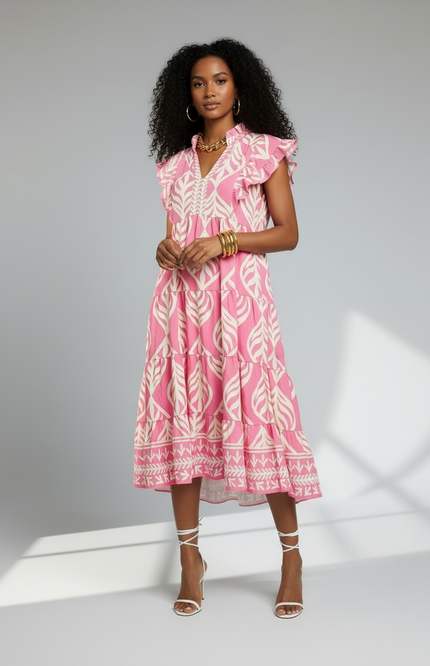 Leaf Print Ruffle Tiered Midi Dress - Peony