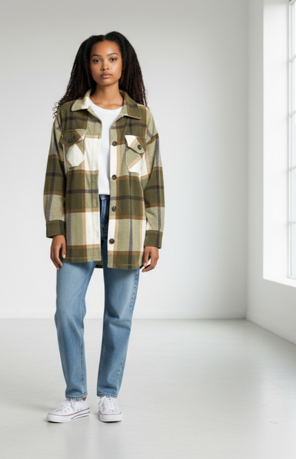 Oversized Plaid Fleece Shacket - Olive
