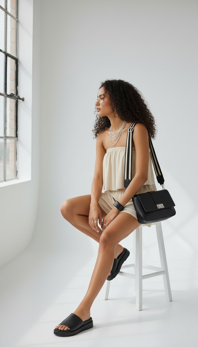 Sun-Kissed Woven Crinkle Strapless Romper - Sand Beige