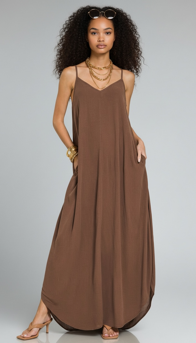 Woven Crinkle Cami Maxi Dress
 - Mocha Brown