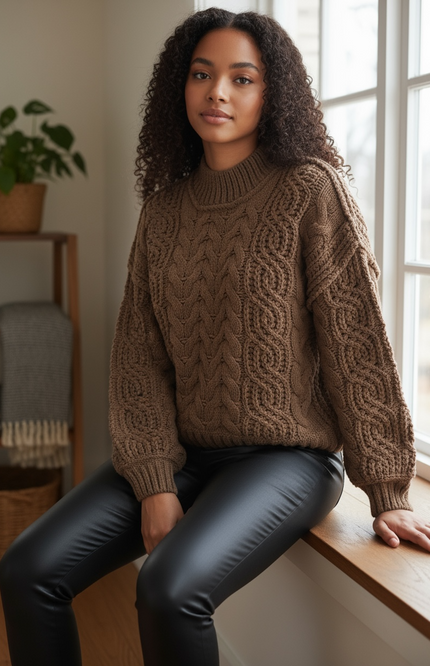 Cozy Cable-Knit Ribbed Turtleneck Sweater - Brown