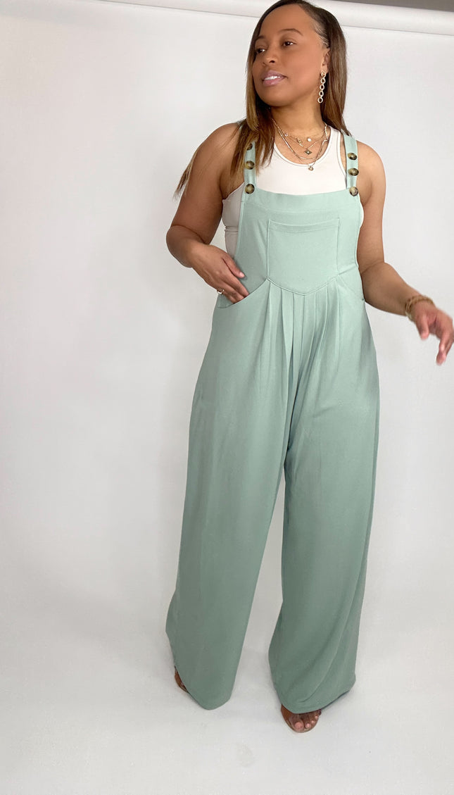 Wide Strap Overalls with Pleated Front Detail and Pockets - Gum Leaf