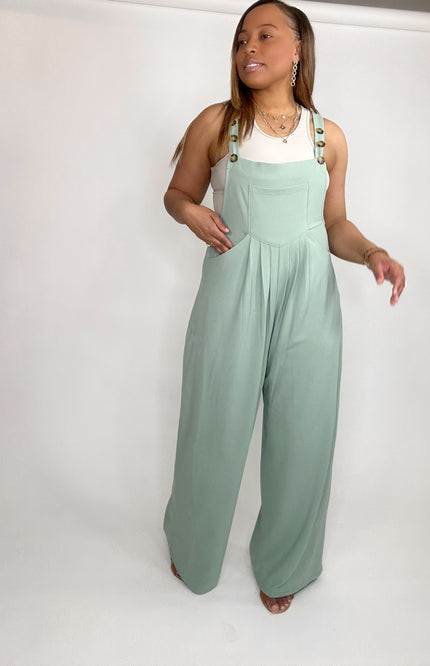 Wide Strap Overalls with Pleated Front Detail and Pockets - Gum Leaf