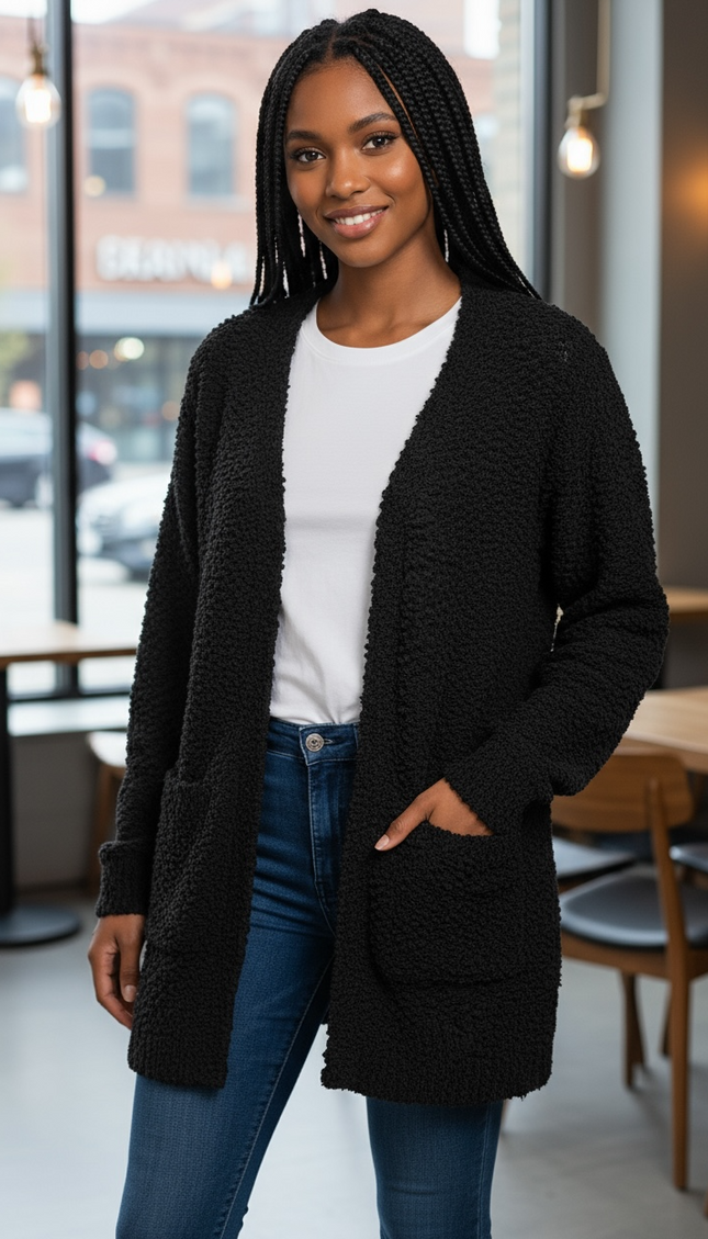 Cozy Long Sleeve Sweater Cardigan with Pockets (Black)