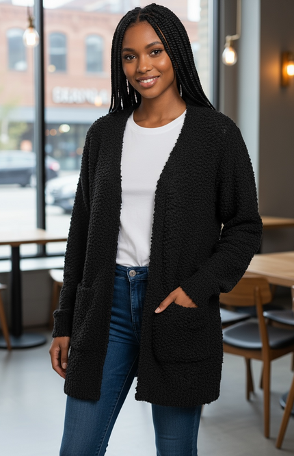 Cozy Long Sleeve Sweater Cardigan with Pockets (Black)