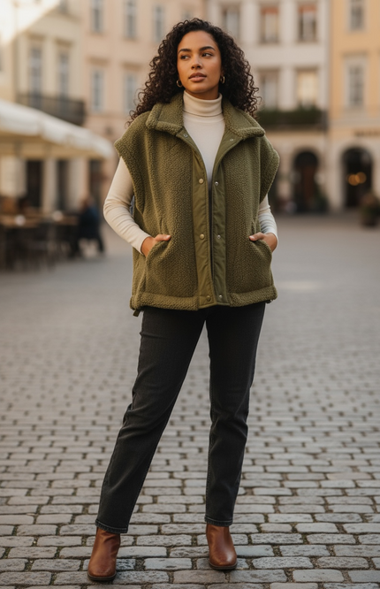 Relaxed Soft Sherpa Sleeveless Jacket - Olive