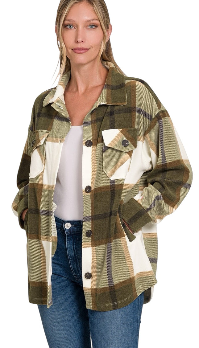 Oversized Plaid Fleece Shacket - Olive