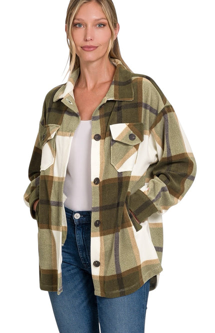 Oversized Plaid Fleece Shacket - Olive