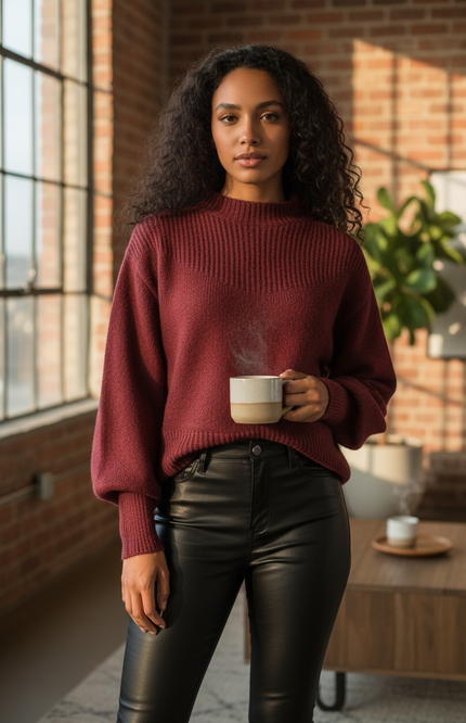 Chic Balloon Sleeve Mock Neck Sweater - Cabernet