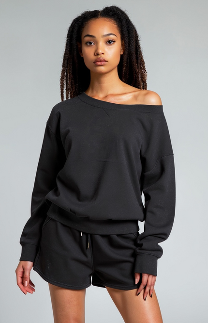 Fleece Boat Neck Sweatshirt and Shorts Set (Black)