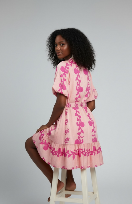 Spring Floral Bohemian Mini Dress - Pink
