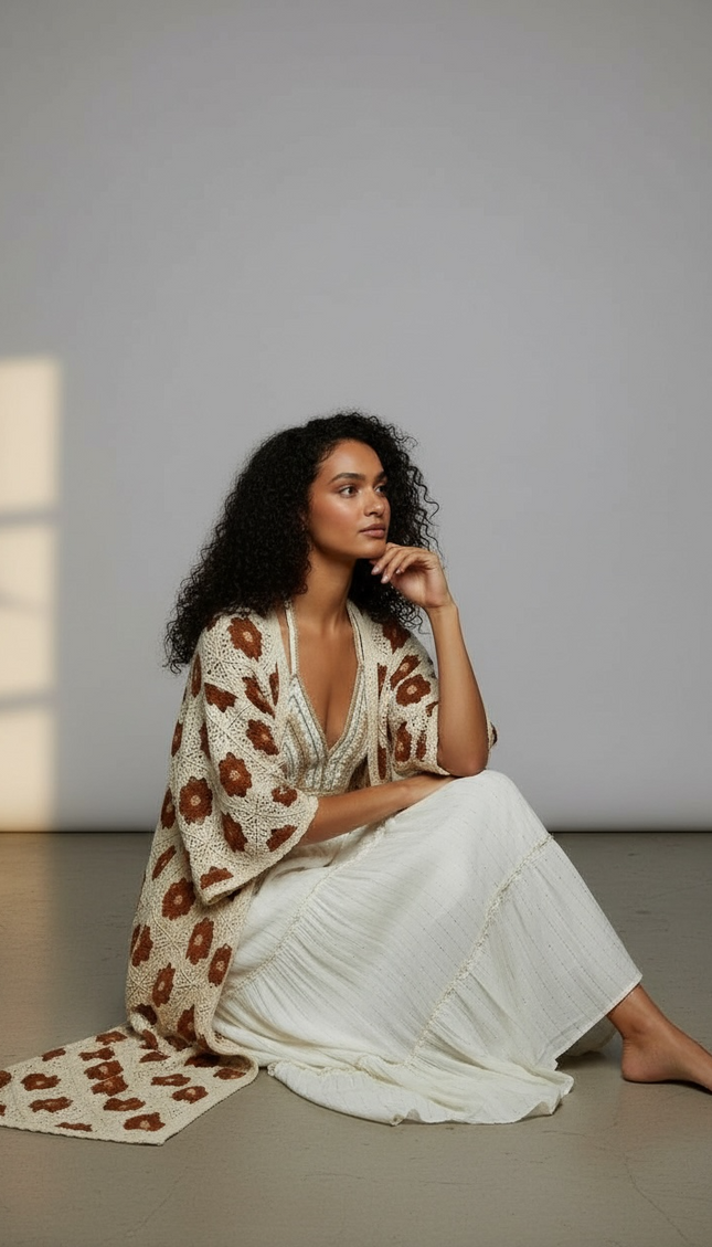 Bohemian Bloom Crochet Cardigan (Natural/Chocolate)