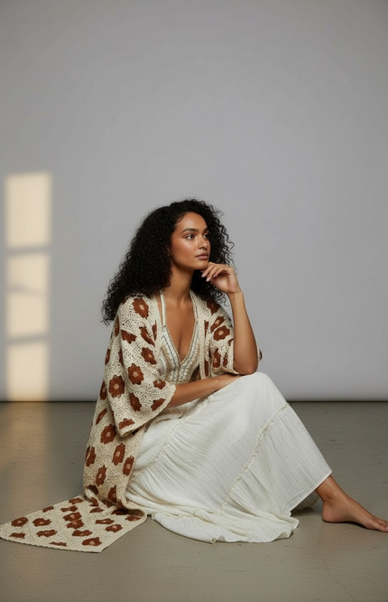 Bohemian Bloom Crochet Cardigan (Natural/Chocolate)