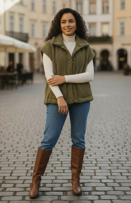 Relaxed Soft Sherpa Sleeveless Jacket - Olive