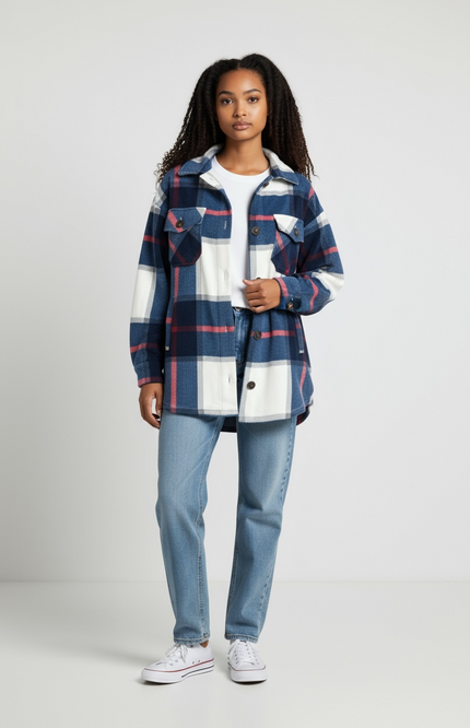 Oversized Plaid Fleece Shacket - Navy