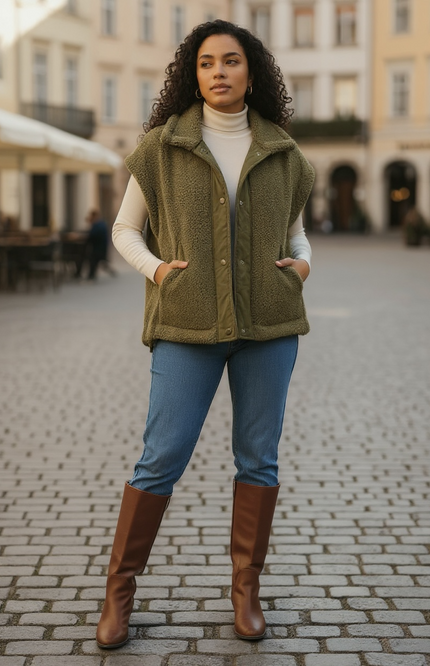 Relaxed Soft Sherpa Sleeveless Jacket - Olive