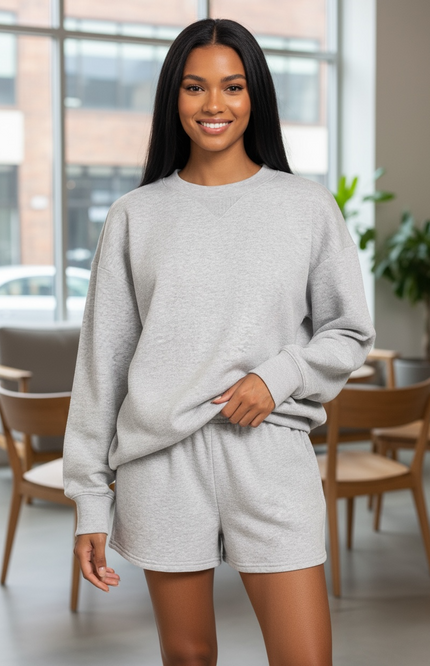 Fleece Long Sleeve Sweatshirts & Shorts Set - Grey