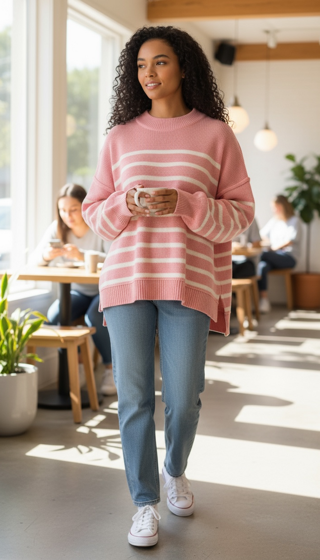 Cozy Days Striped Oversized Sweater - Pink