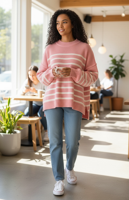 Cozy Days Striped Oversized Sweater - Pink