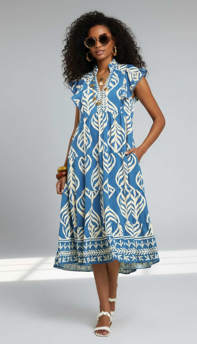 Leaf Print Ruffle Tiered Midi Dress - Cerulean