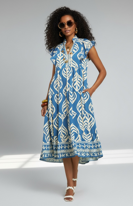 Leaf Print Ruffle Tiered Midi Dress - Cerulean