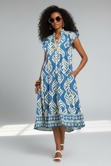 Leaf Print Ruffle Tiered Midi Dress - Cerulean