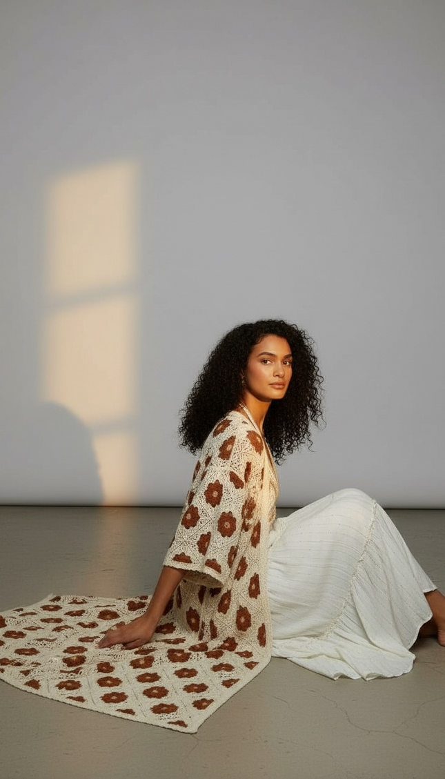 Bohemian Bloom Crochet Cardigan (Natural/Chocolate)