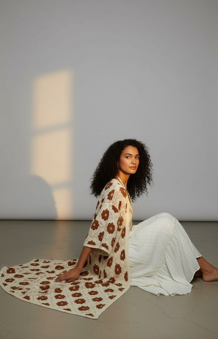 Bohemian Bloom Crochet Cardigan (Natural/Chocolate)