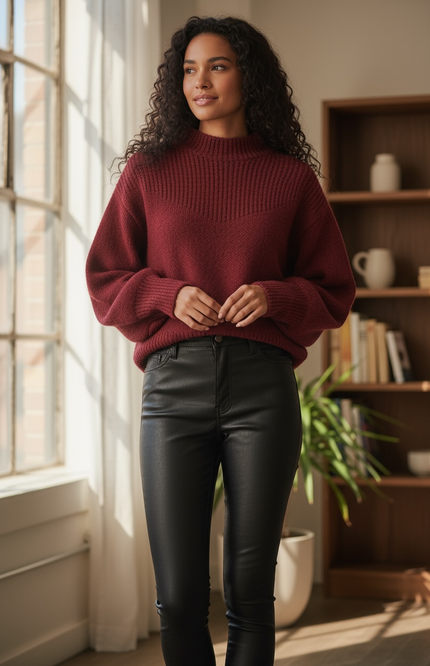 Chic Balloon Sleeve Mock Neck Sweater - Cabernet
