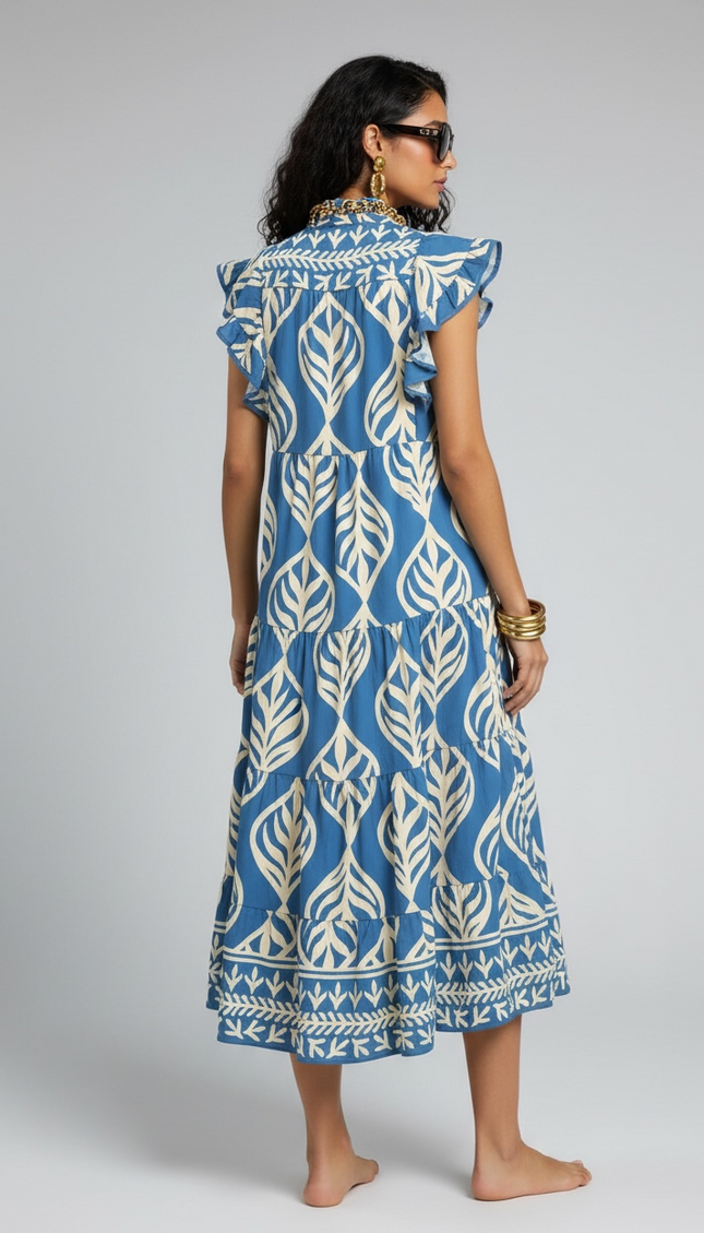 Leaf Print Ruffle Tiered Midi Dress - Cerulean