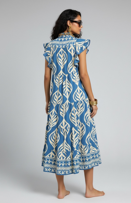Leaf Print Ruffle Tiered Midi Dress - Cerulean
