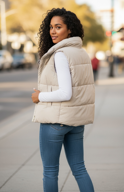 High Neck Zip-Up Vest Coat - Sand Beige