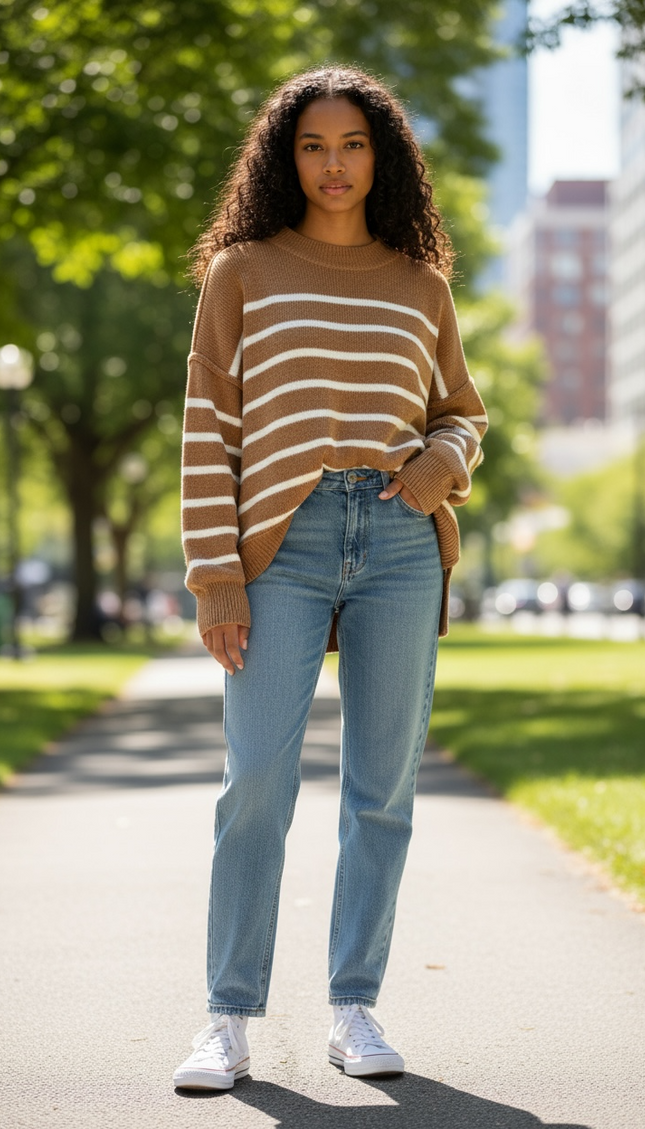 Cozy Days Striped Oversized Sweater - Deep Camel