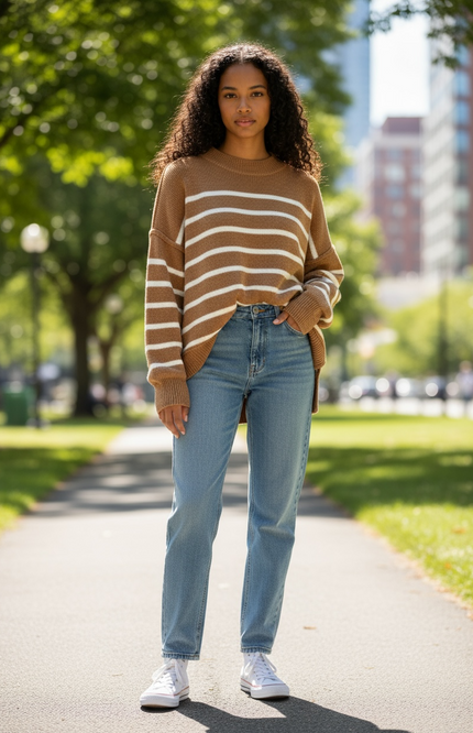 Cozy Days Striped Oversized Sweater - Deep Camel